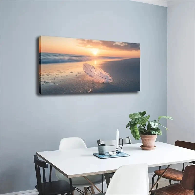 A White Feather Placed Beach Wall Art Canvas Office Home Room Framed 120x60cm - Bella Home Decor