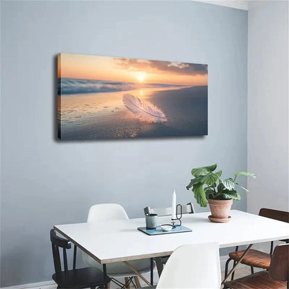 A White Feather Placed Beach Wall Art Canvas Office Home Room Framed 120x60cm - Bella Home Decor