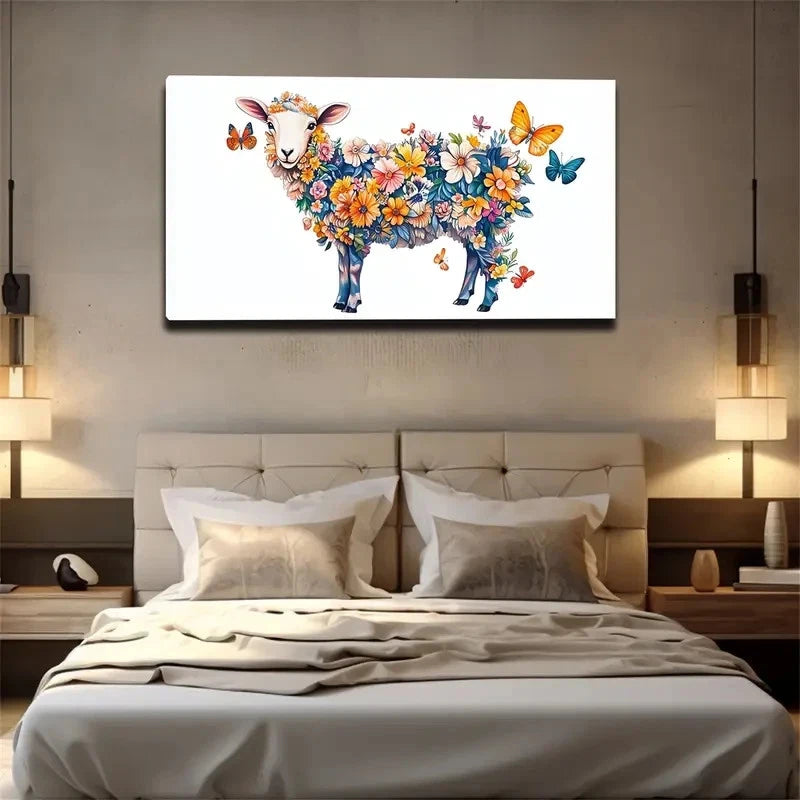 Vibrant Floral Sheep Design Wall Art Canvas Office Home Room Framed 120x60cm