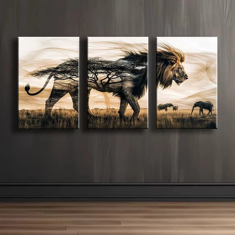 3pcs Male Lion Forest illustration Wall Art Set Canvas Framed 50x70cm - High Quality Print 100% Australian Made Wall Canvas Ready to Hang