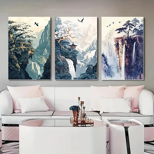 3pcs Vertical Mountain Waterfall & Pine VMW Wall Art Set Canvas Unframed - High Quality Print 100% Australian Made Wall Canvas