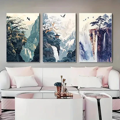 3pcs Vertical Mountain Waterfall & Pine VMW Wall Art Set Canvas Unframed - High Quality Print 100% Australian Made Wall Canvas