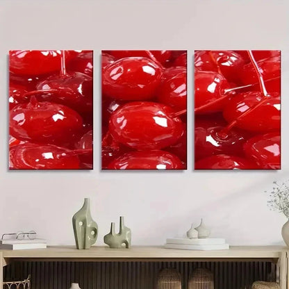 3pcs Red Cherries Art Print Wall Art Set Canvas Framed 50x70cm - High Quality Print 100% Australian Made Wall Canvas Ready to Hang