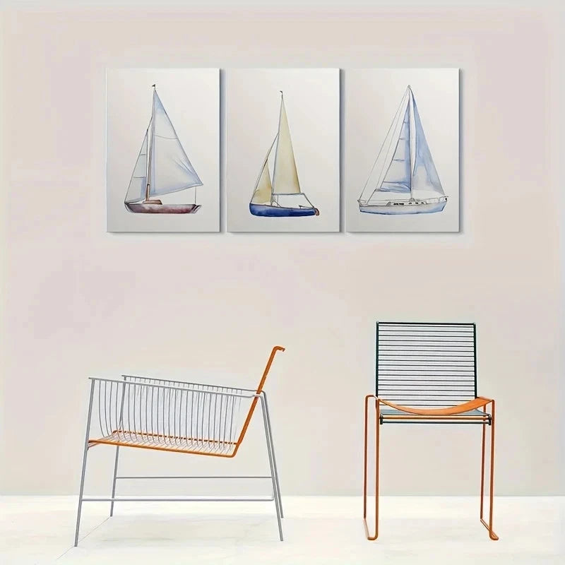3pcs Abstract Watercolor Sailboat Metal Print Ready to Hang Art - Bella Home Decor