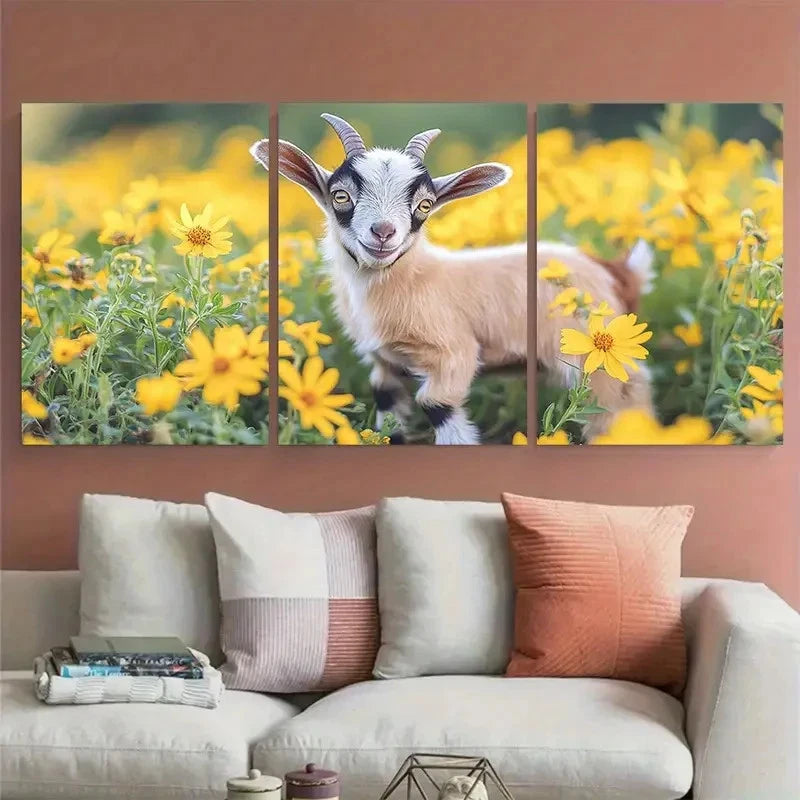 3pcs Cute Goat Kid Baby Exploring a Floral Field Metal Print Ready to Hang Art - Bella Home Decor