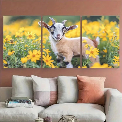 3pcs Cute Goat Kid Baby Exploring a Floral Field Metal Print Ready to Hang Art - Bella Home Decor