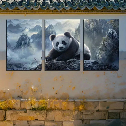 3pcs Panda Desperately Grasps The Rock Surface Metal Print Ready to Hang Art - Bella Home Decor