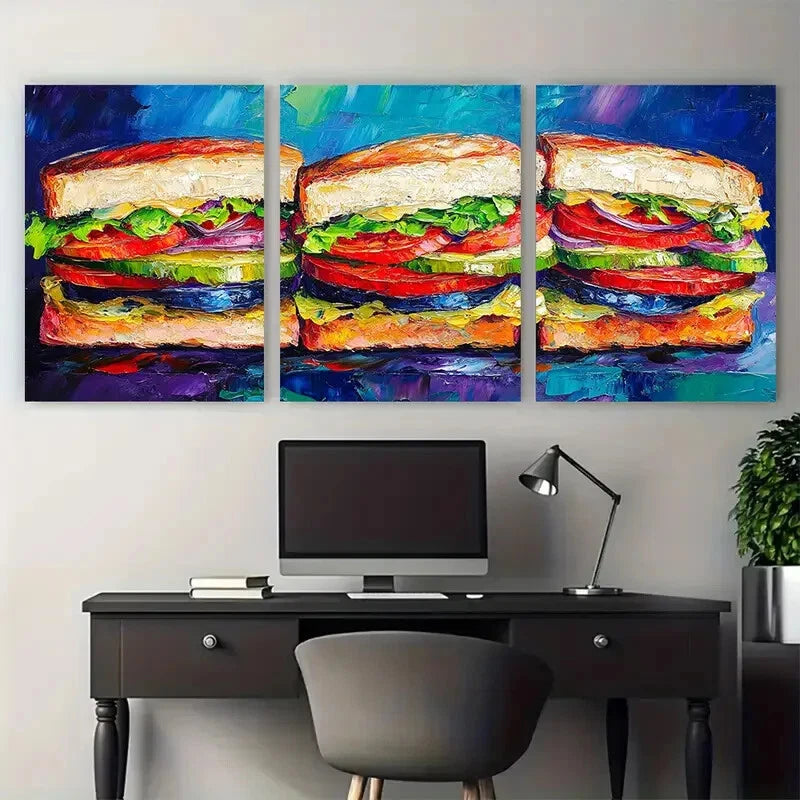 3pcs Sandwich Whimsical Lunch Colorful Food Metal Print Ready to Hang Art - Bella Home Decor