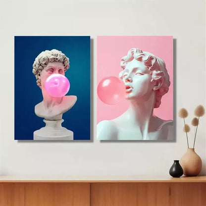 2pcs Whimsical David Bust & Pink Gum Bubbles Design Canvas Framed 50x75cm - High Quality Print 100% Australian Made Wall Canvas Ready to Hang - Bella Home Decor
