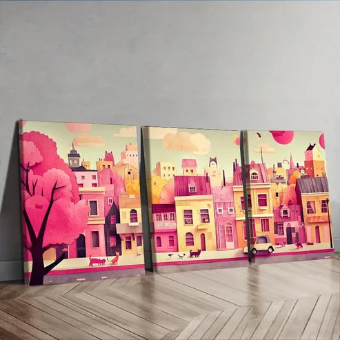 3pcs City with Cats and Dogs Wall Art Canvas Unframed - High Quality Print 100% Australian Made Wall Canvas - Bella Home Decor