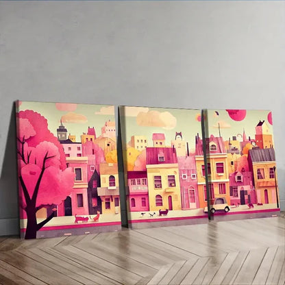 3pcs City with Cats and Dogs Wall Art Canvas Unframed - High Quality Print 100% Australian Made Wall Canvas - Bella Home Decor