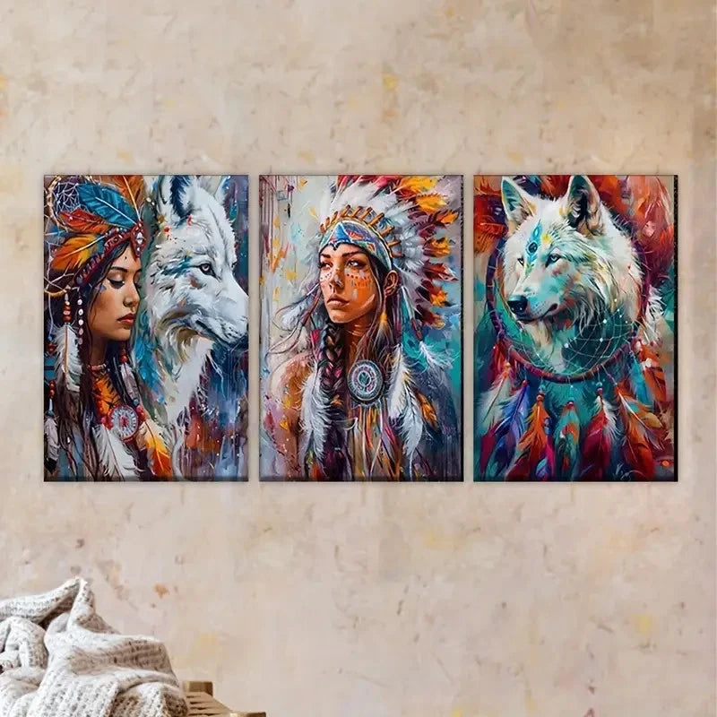 3pcs Three Indian Women with Feathers Wall Art Set Canvas Framed 60x90cm - High Quality Print 100% Australian Made Wall Canvas Ready to Hang - Bella Home Decor