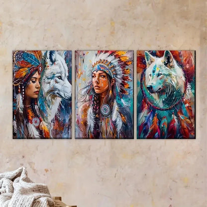 3pcs Three Indian Women with Feathers Wall Art Set Canvas Framed 60x90cm - High Quality Print 100% Australian Made Wall Canvas Ready to Hang - Bella Home Decor