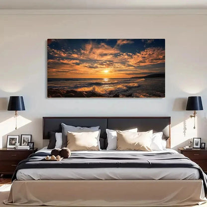 Vibrant Ocean Beach Sunset Wall Art Canvas Office Home Room Framed 120x60cm