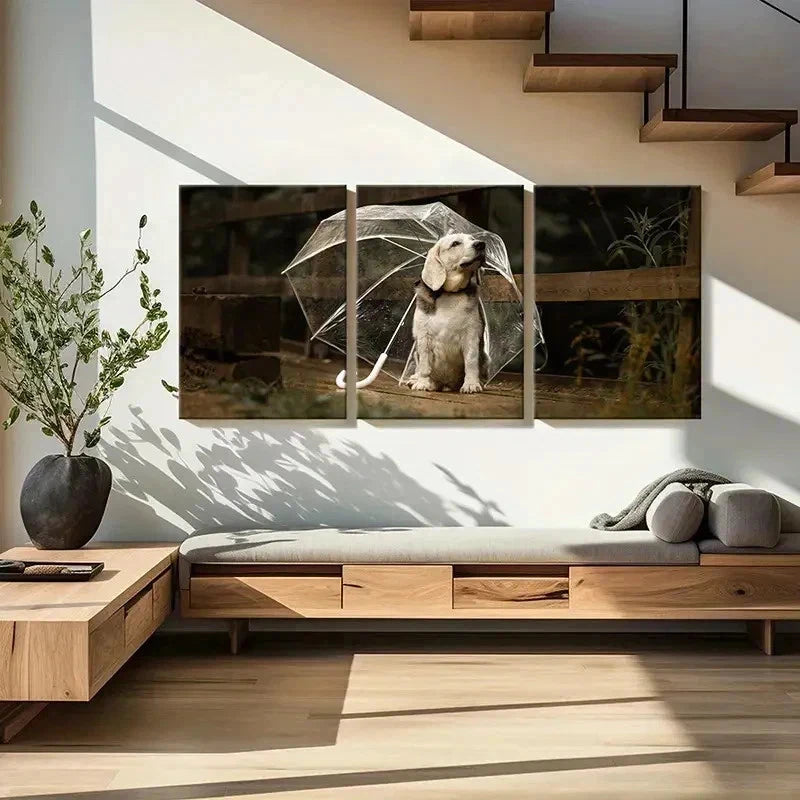 3pcs Puppy Dog Pet Under an Umbrella Wall Art Set Canvas Framed 60x90cm - High Quality Print 100% Australian Made Wall Canvas Ready to Hang - Bella Home Decor