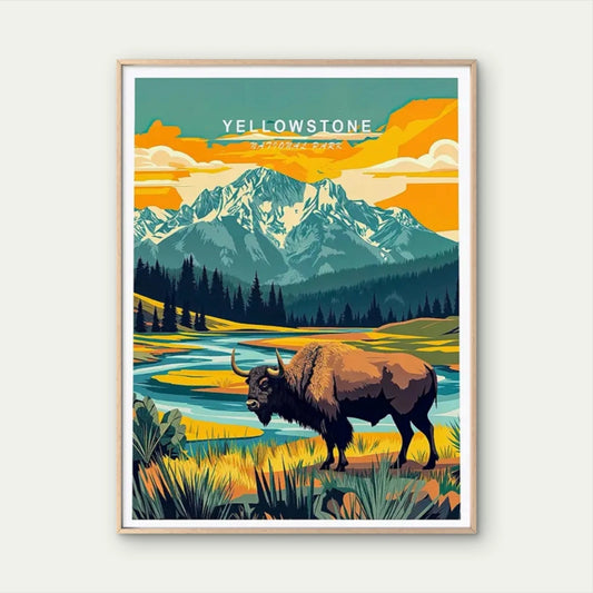 Yellowstone National Park Bison Iconic Landscape Travel Poster Print Wall Art
