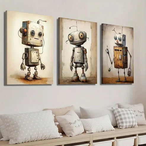 3pcs Vintage Robot Drawing Wall Art Set Canvas Unframed - High Quality Print 100% Australian Made Wall Canvas