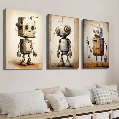 3pcs Vintage Robot Drawing Wall Art Set Canvas Unframed - High Quality Print 100% Australian Made Wall Canvas