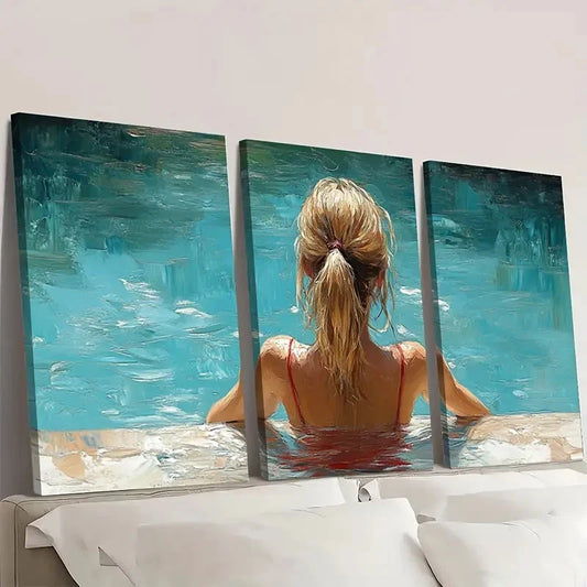 3pcs Woman by Pool, Relaxing Summer TY Wall Art Set Canvas Framed 50x70cm - High Quality Print 100% Australian Made Wall Canvas Ready to Hang