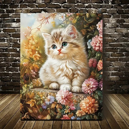 Flowers And Plants Cute Persian Kitten Painting 40x60cm Metal Print Ready to Hang