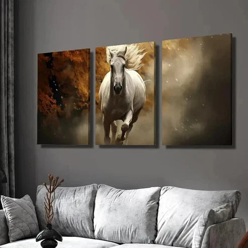 3pcs White Horse Galloping in Autumn Forest Wall Art Canvas Unframed - High Quality Print 100% Australian Made Wall Canvas