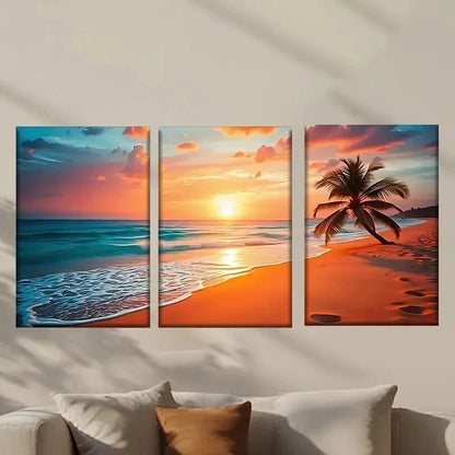 3pcs Beach with Palm Trees at Sunset Wall Art Set Canvas Framed 50x70cm - High Quality Print 100% Australian Made Wall Canvas Ready to Hang - Bella Home Decor