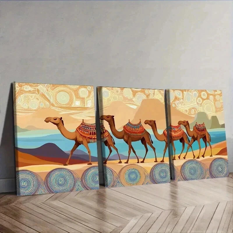 3pcs Decor with Camels, Dunes & Sunset Wall Art Set Canvas Framed 50x70cm - High Quality Print 100% Australian Made Wall Canvas Ready to Hang