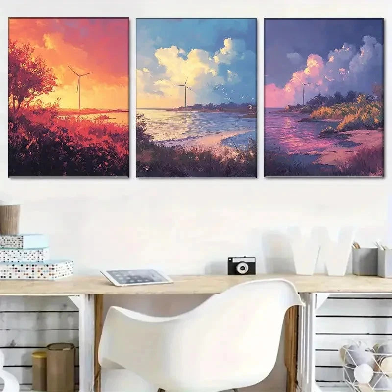 3pcs Wind Turbine Coastal Landscape Art Metal Print Ready to Hang Art - Bella Home Decor