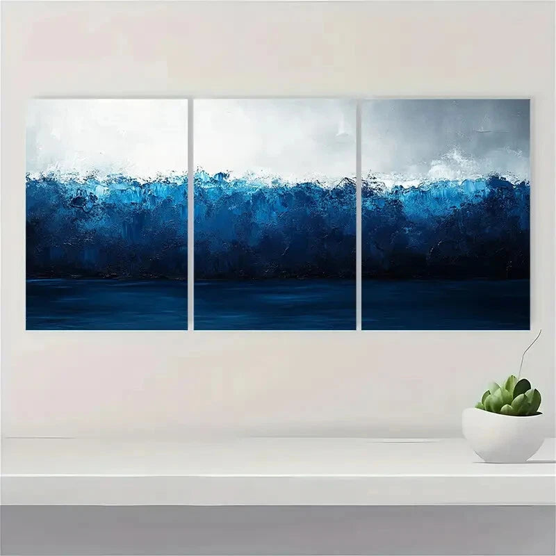 3pcs Black Texture Painting Blue Abstract  Metal Print Ready to Hang Art