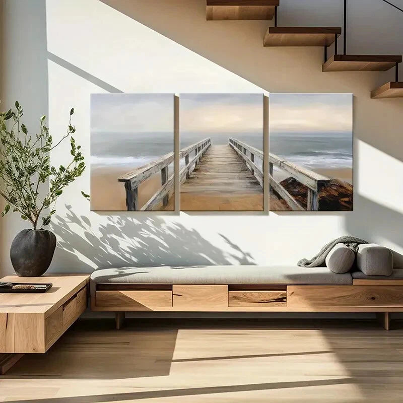 3pcs Wooden Dock Ocean Waves Coastal Landscape Metal Print Ready to Hang Art - Bella Home Decor