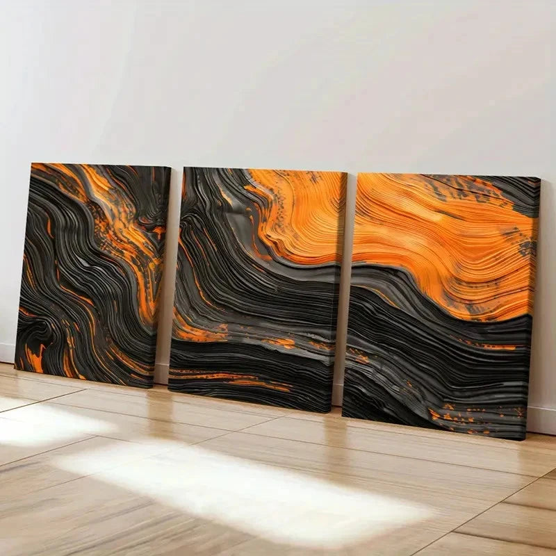 3pcs Abstract Art Orange Black Waves Art Wall Art Set Canvas Framed 60x90cm - High Quality Print 100% Australian Made Wall Canvas Ready to Hang - Bella Home Decor