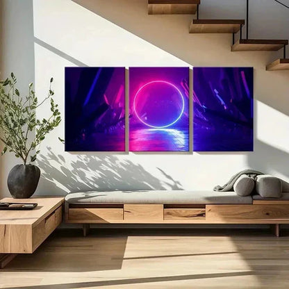 3pcs Neon Sci-fi Circle Fantasy Landscape Wall Art Canvas Unframed - High Quality Print 100% Australian Made Wall Canvas