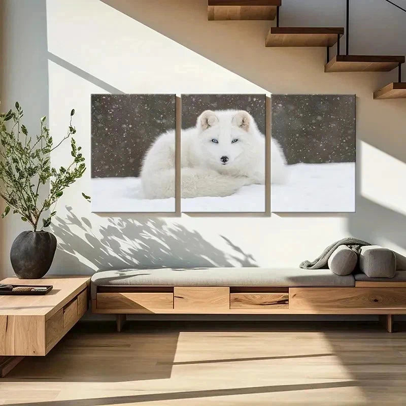 3pcs White Fox in Snow Portrait Decor Wall Art Set Canvas Framed 60x90cm - High Quality Print 100% Australian Made Wall Canvas Ready to Hang