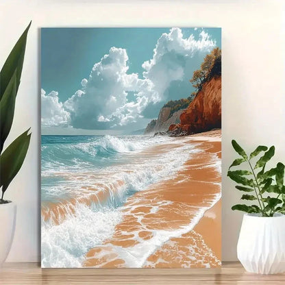Beautiful Ocean Waves Cloudy Blue Skies Painting 40x60cm Metal Print Ready to Hang