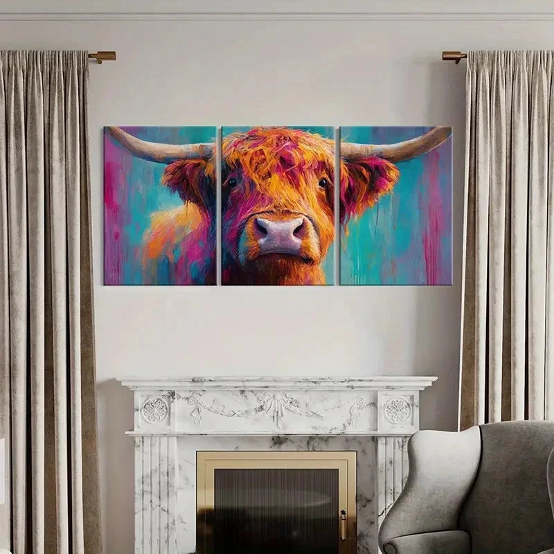 3pcs Vibrant Highland Cow Art Colorful Abstract Metal Print Ready to Hang Art - Bella Home Decor
