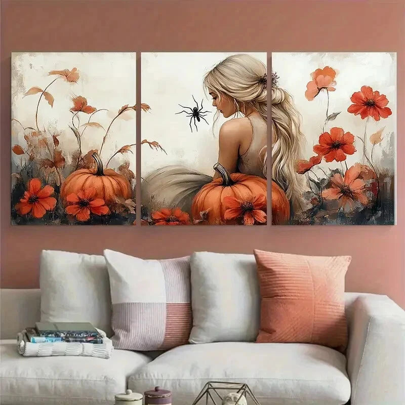 3pcs Autumn Floral Pumpkin Spider Women Metal Print Ready to Hang Art - Bella Home Decor