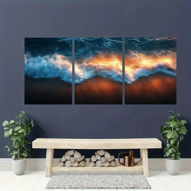 3pcs Ocean Wave Blue & Orange Tides Coastal Metal Print Ready to Hang Art - Bella Home Decor