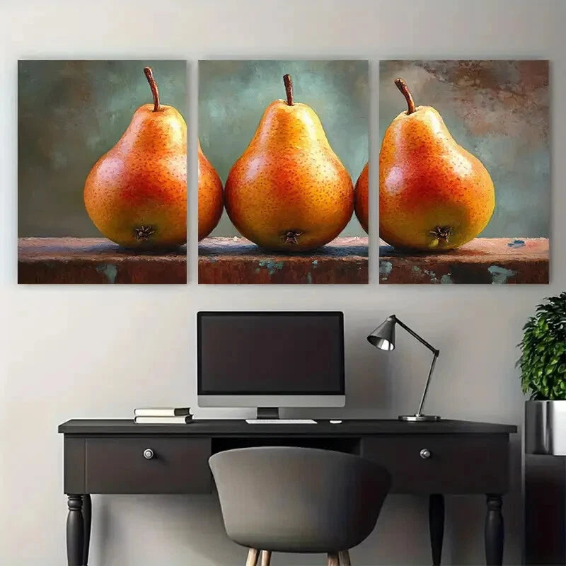 3pcs Vibrant Pears Fruit Illustration Metal Print Ready to Hang Art - Bella Home Decor
