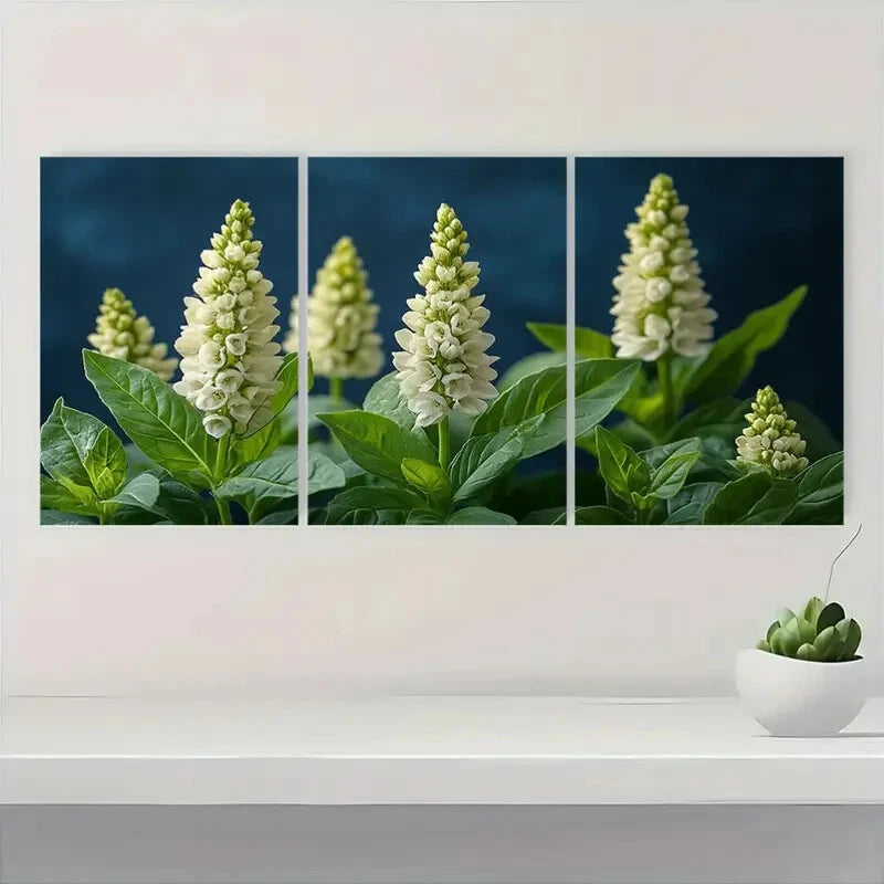 3pcs White Basil Flower Elegant Floral Spires Art Metal Print Ready to Hang Art - Bella Home Decor