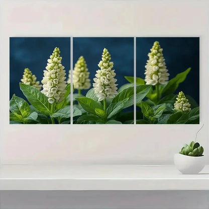 3pcs White Basil Flower Elegant Floral Spires Art Metal Print Ready to Hang Art - Bella Home Decor