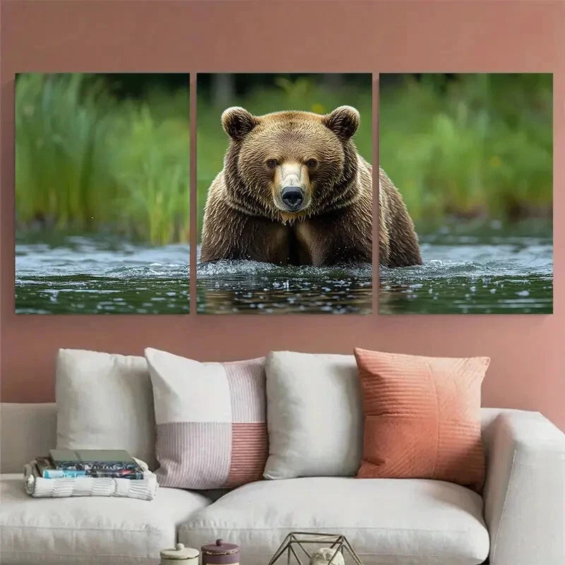 3pcs Humorous Brown Bear Lake Scene Metal Print Ready to Hang Art - Bella Home Decor