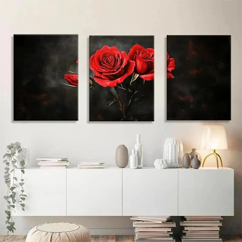 3pcs Botanical Dark Floral Red Rose Metal Print Ready to Hang Art - Bella Home Decor