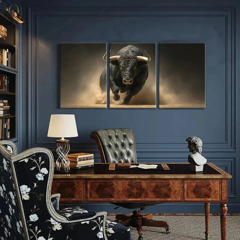 3pcs Black Bull Charge Dusty Arena Powerful Beast Metal Print Ready to Hang Art - Bella Home Decor