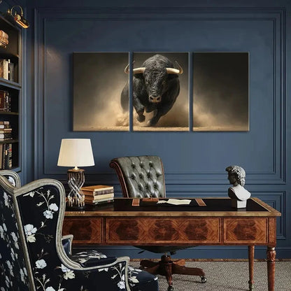 3pcs Black Bull Charge Dusty Arena Powerful Beast Metal Print Ready to Hang Art - Bella Home Decor