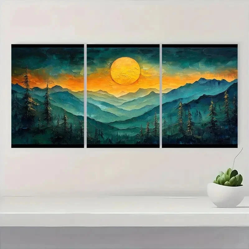 3pcs Vibrant Sunset Abstract Mountain Landscape Metal Print Ready to Hang Art - Bella Home Decor