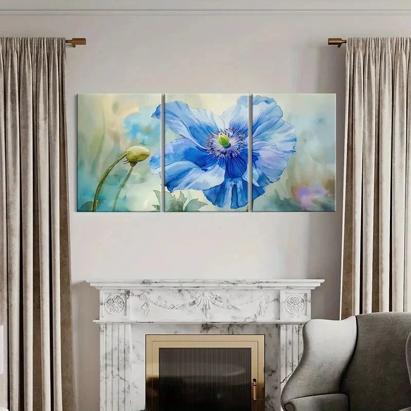 3pcs Blue Flower Art Watercolor Style Painting Metal Print Ready to Hang Art - Bella Home Decor
