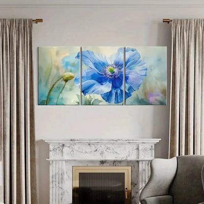 3pcs Blue Flower Art Watercolor Style Painting Metal Print Ready to Hang Art - Bella Home Decor