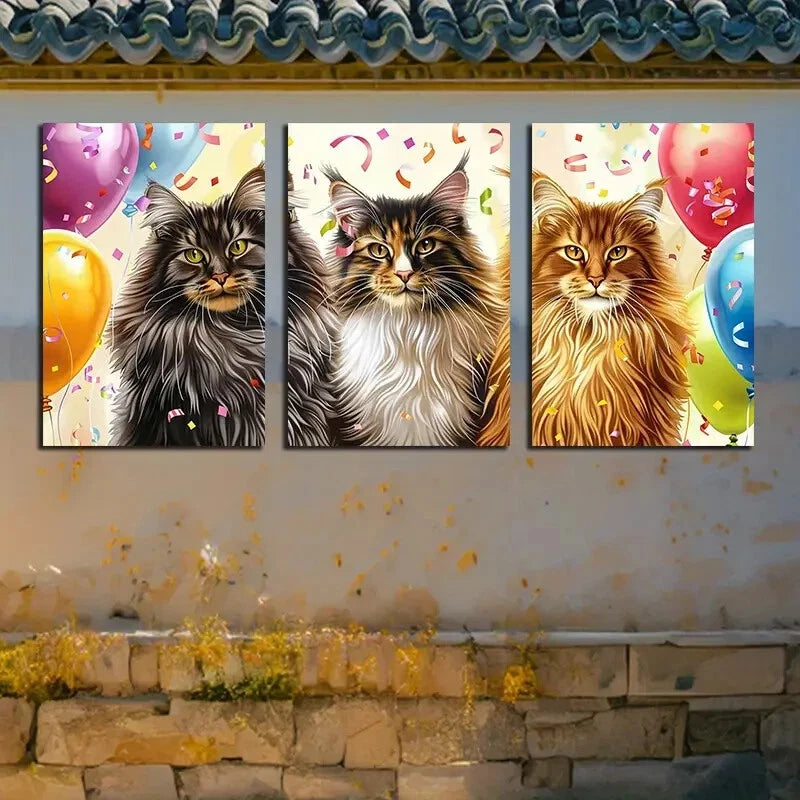 3pcs Vibrant Cats Celebration Illustration Metal Print Ready to Hang Art - Bella Home Decor