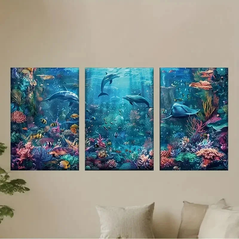 3pcs Coral Reef & Blue Ocean Theme Paintings Metal Print Ready to Hang Art - Bella Home Decor