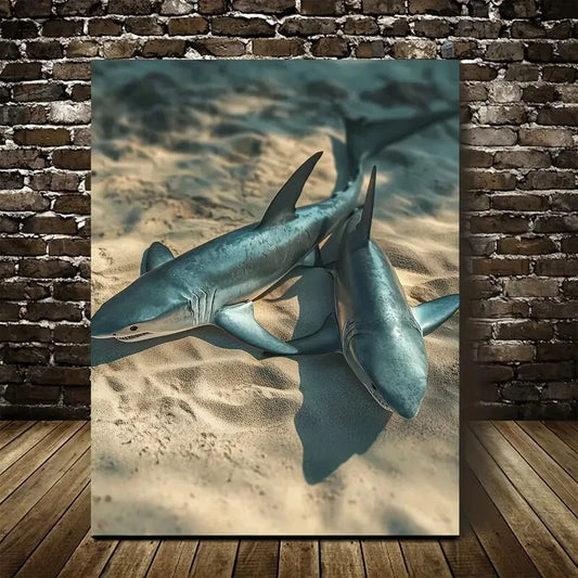 Realistic Shark Scene on Sandy Beach Painting 40x60cm Metal Print Ready to Hang - Bella Home Decor